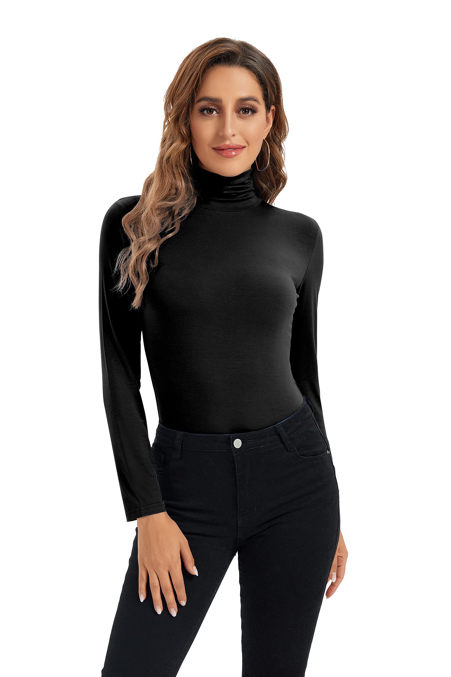 HoneyEchoWomens Long Sleeve Turtleneck Tops Soft Stretchy Fitted Base Layer Shirt