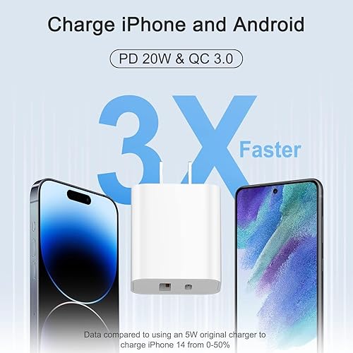 Vista 13 de Cargador rápido para iPhone, [certificado Apple MFi] esbeecables de 20 W de doble puerto PD3.0 USB-C + QC3.0 USB-A cargador rápido de pared con 2