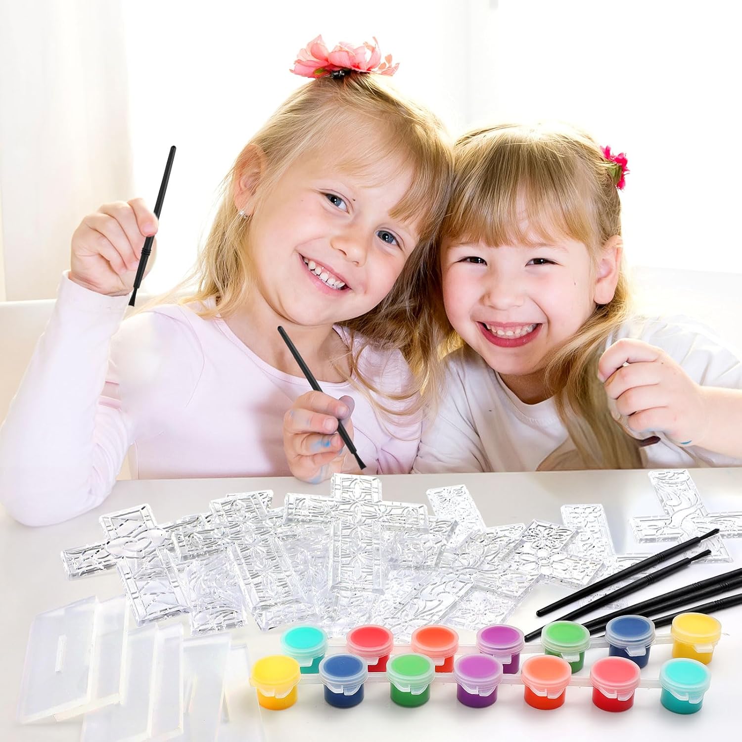 Jetec 24 Set Religious Cross Suncatchers Craft Kits Christian DIY Painting Crosses with Stand, Mother's Day Acrylic Cross Art Suncatchers for Kids Church VBS Sunday School Classroom Home Activity