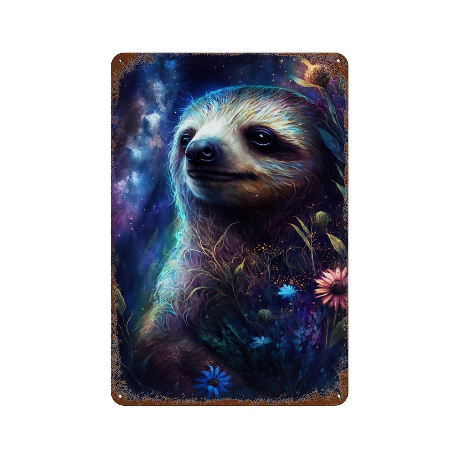 Garage Style Galactic Sloth with Flowers Rusty Metal Tin Sign 11.8"x7.9", Shabby Chic Decor for Bar And Workshop