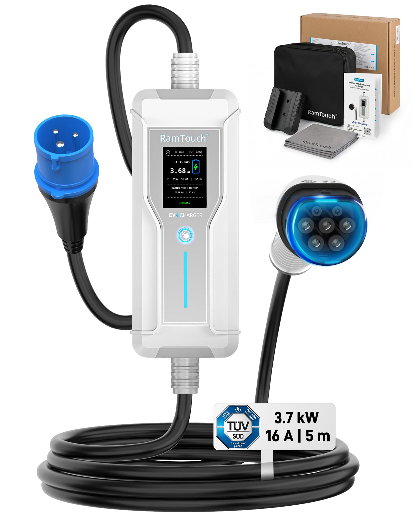 Caricatore EV (3,7 kW, 16 A, 5 m) | Spina CEE blu 16A a Tipo 2 | Monofase | IP67 | 6-16 A | Timer e avvio ritardato | LCD 2,4" | RCD AC/DC | Cavo Modo 2 / Wallbox Portatile | per EV e PHEV