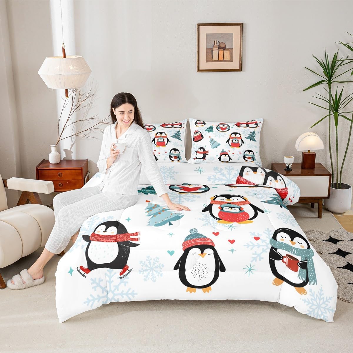 Christmas Tree 3 Pcs Queen Size Comforter Set,Winter Snowflake Happy Xmas Theme Down Alternative Adults Room Decor,Cartoon Penguin Ultra Soft Microfiber Inner Fill 3Pcs Bedding
