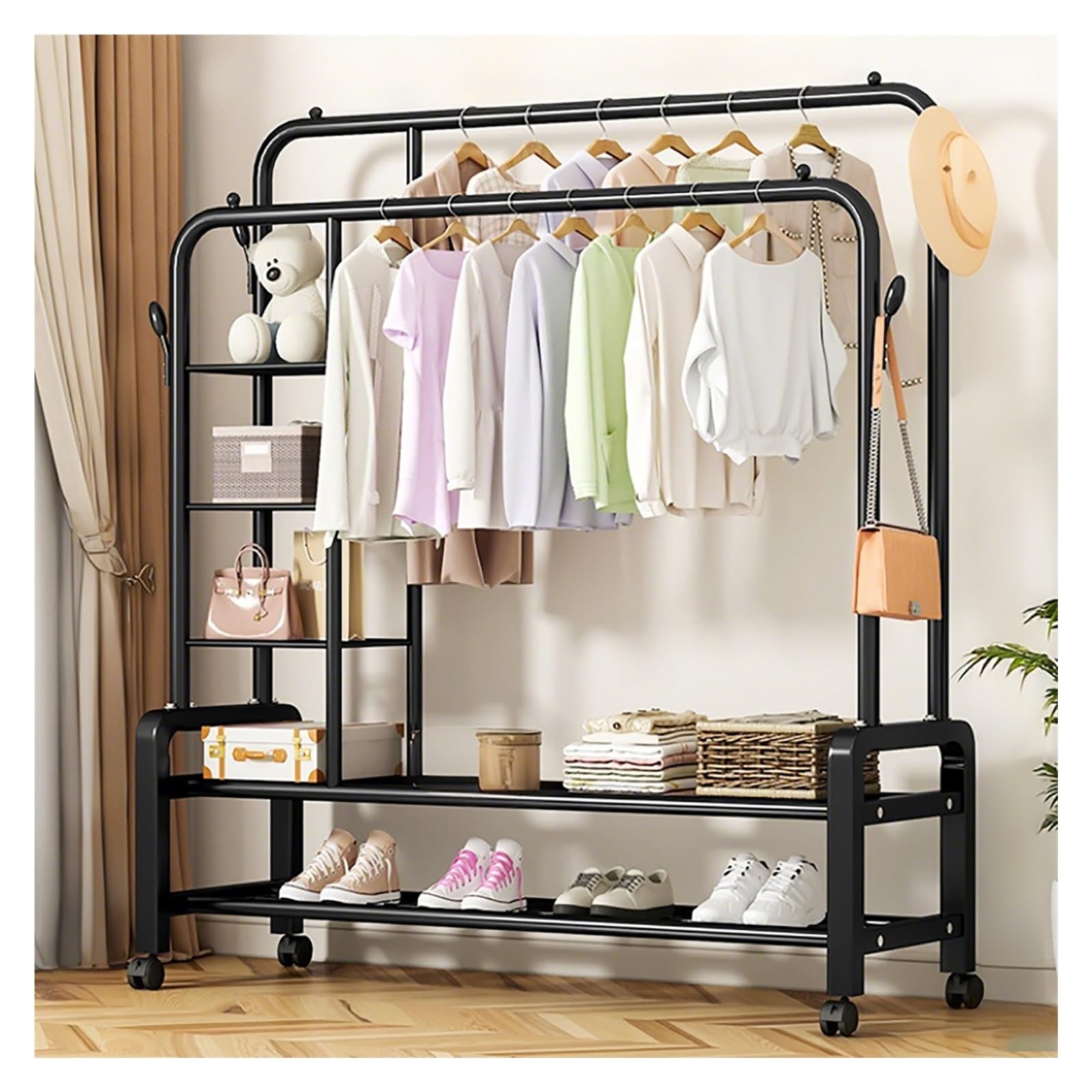 Lshtshf-ou Rolling Garment Rack With Wheels Double Rods Clothing Standing Metal Clothes Racks With Shelves Portable Wardrobe Sturdy(Black,130cm/51.2in)