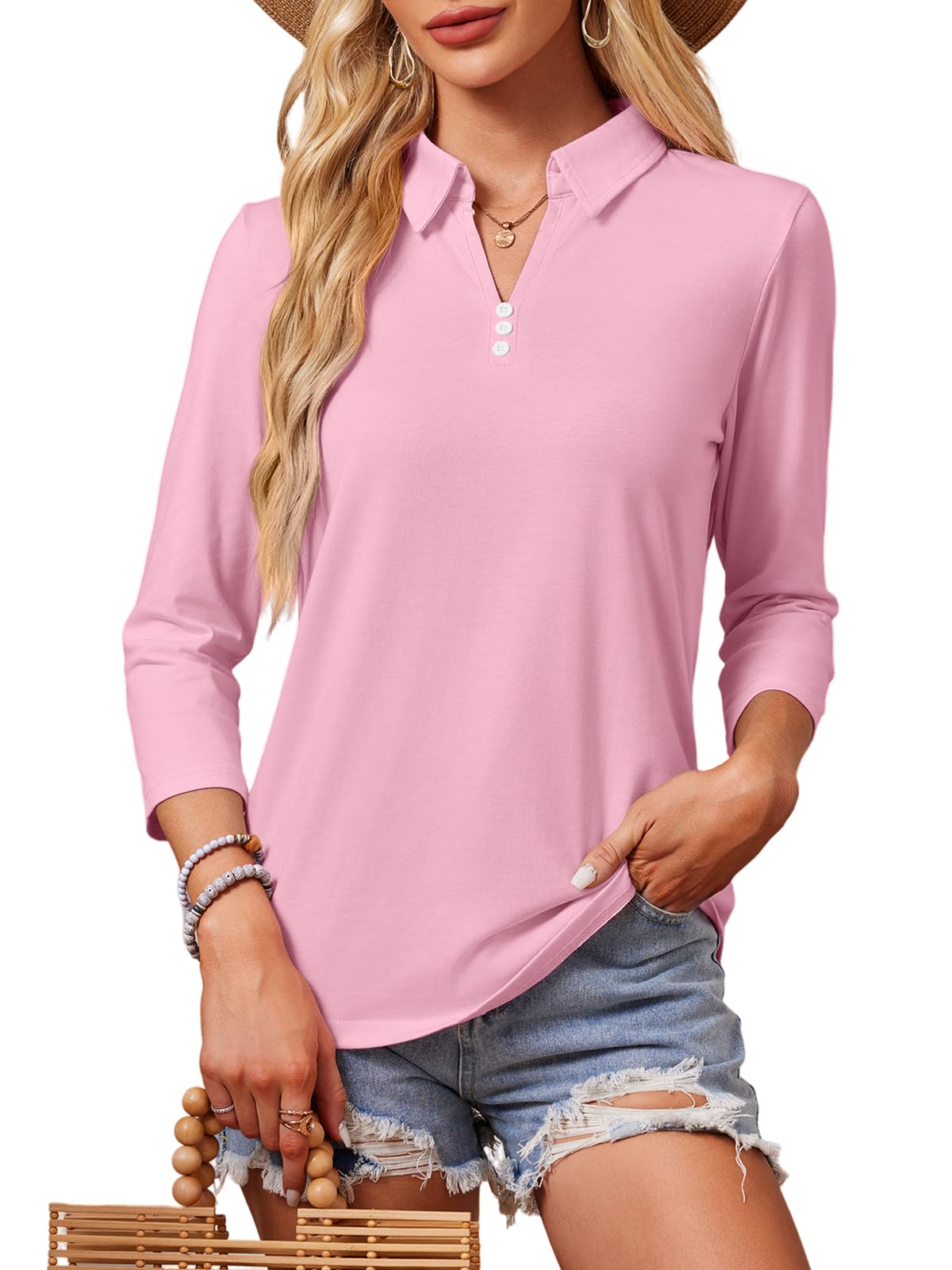 GEMLONWomen's 3/4 Sleeve Tops V Neck Button Polo Shirts Casual Tees 3/4 Length Sleeve Blouse