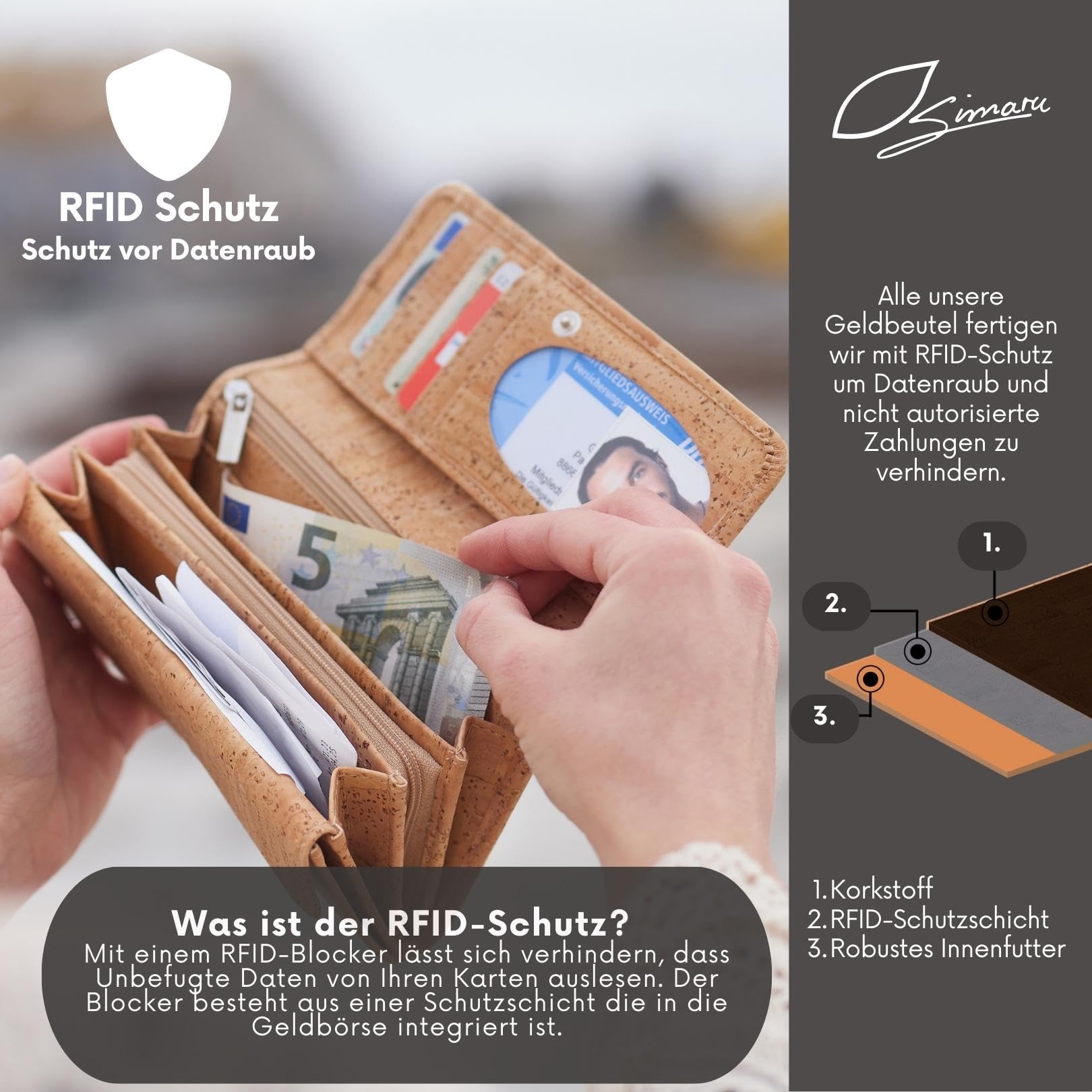 Simaru Damen Geldbörse aus Kork, veganes nachhaltiges Portemonnaie mit RFID-Schutz, Geldbeutel Made in EU, robust und wasserabweisend