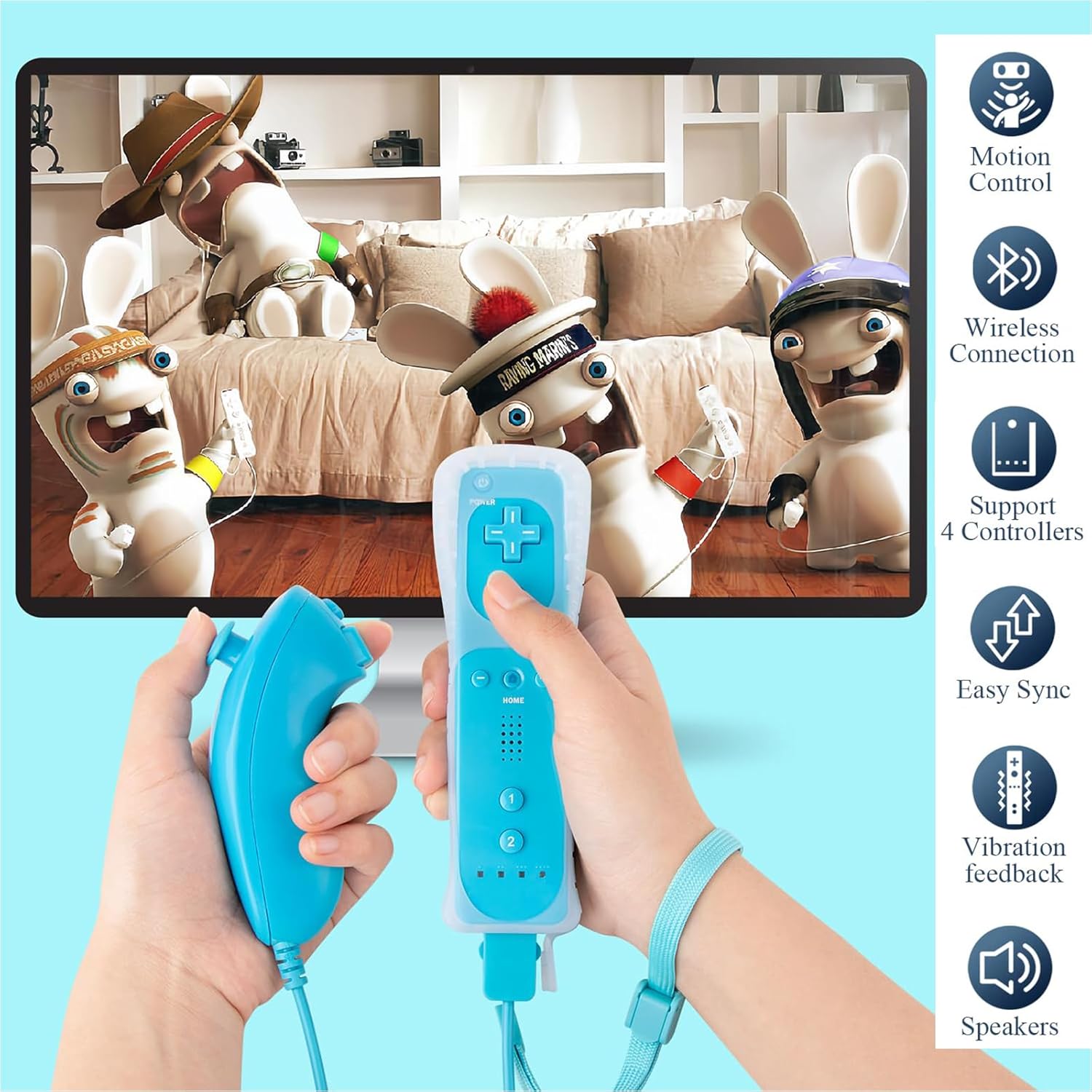 Compatible with Nintendo Wii Controller, Wii Remote with Nunchuck and Nunchuck Controller with Silicone Case and Wrist Strap for Wii and Wii U, Included 2 AA Batteries (Blue) - Image 3