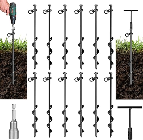 Miniatura 1 de Paquete de 12 anclajes de tierra resistentes con llave hexagonal de mango en T y destornillador de tuerca eléctrica, estacas de metal, anclajes de