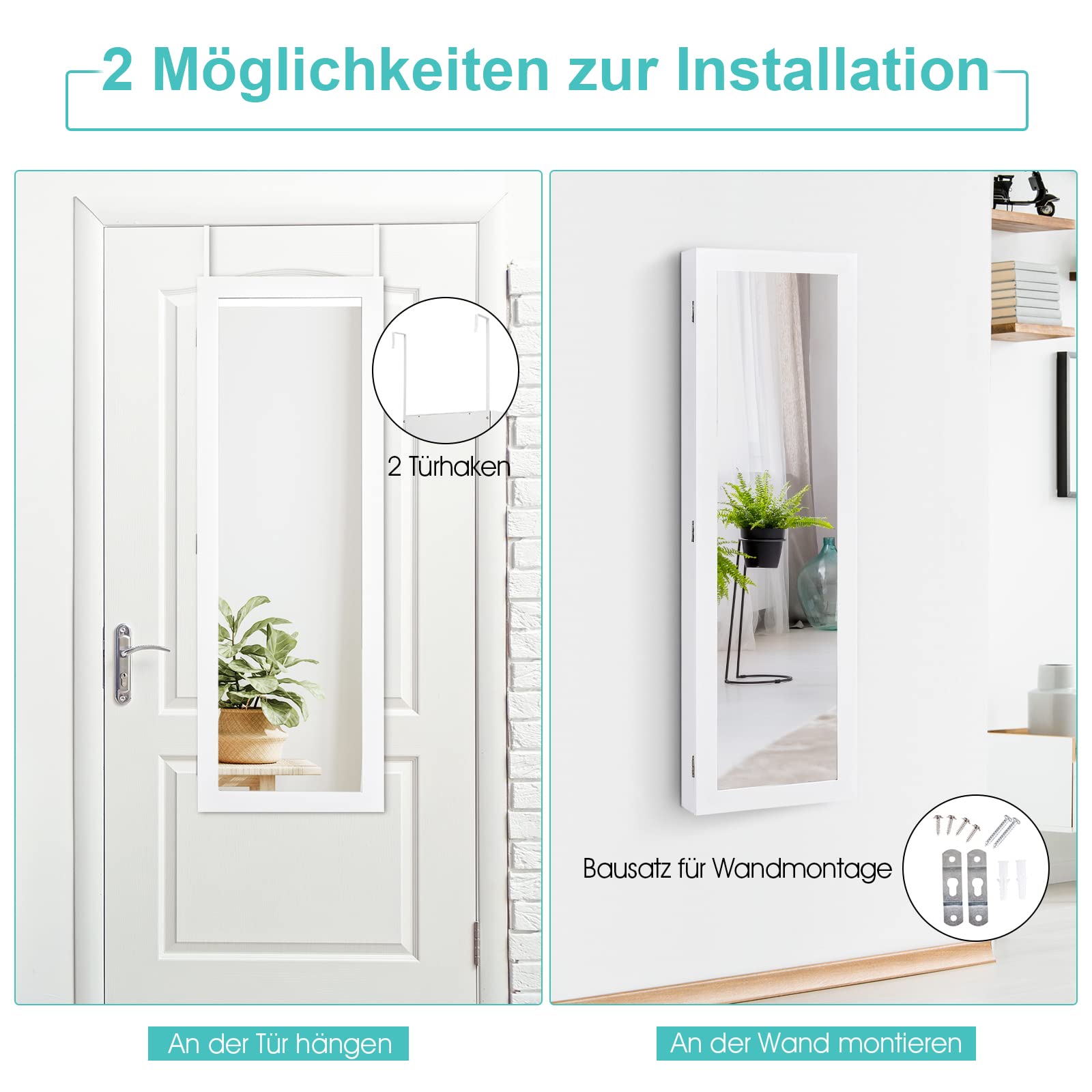 COSTWAY Staande sieradenkast, spiegelkast, afsluitbaar, sieradenrek met spiegel, staande spiegel met laden, sieradenspiegelkast voor ringen, kettinghaken, oorbellen en cosmetica (zwart