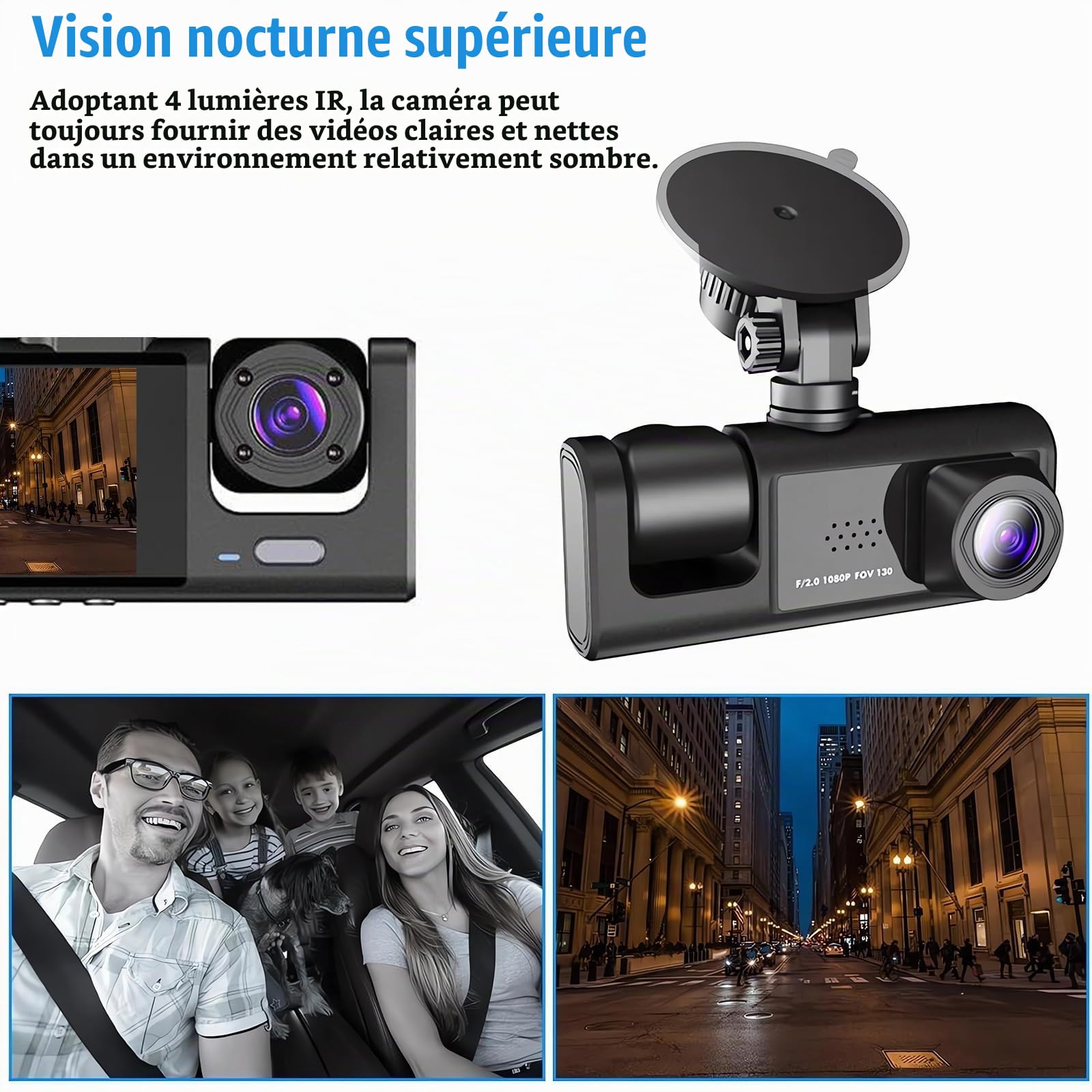 Dashcam Voiture Avant Arrière, HDR Vision Nocturne, capteur G+Carte 32Go | Surveillance Full HD sous plusieurs angles, enregistrement synchrone sur deux canaux, installation simple, plug-and-play