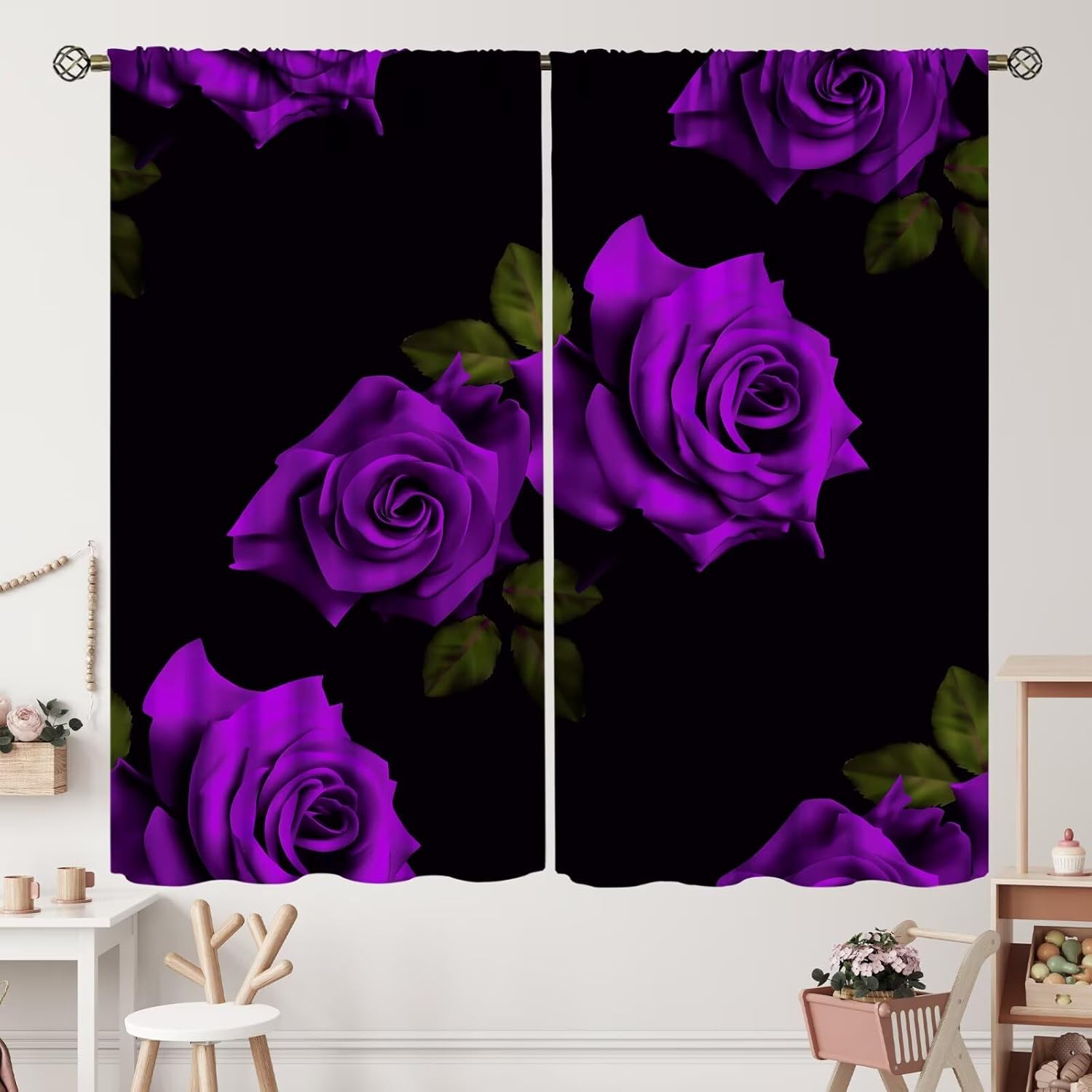 Black and Purple Curtains Rose Floral Flower Room Darkening Curtain with Rod Pocket for Bedroom Kitchen Home Decor Thermal Insulated Drapes Window Treatments 2 Panels Set 63x72in