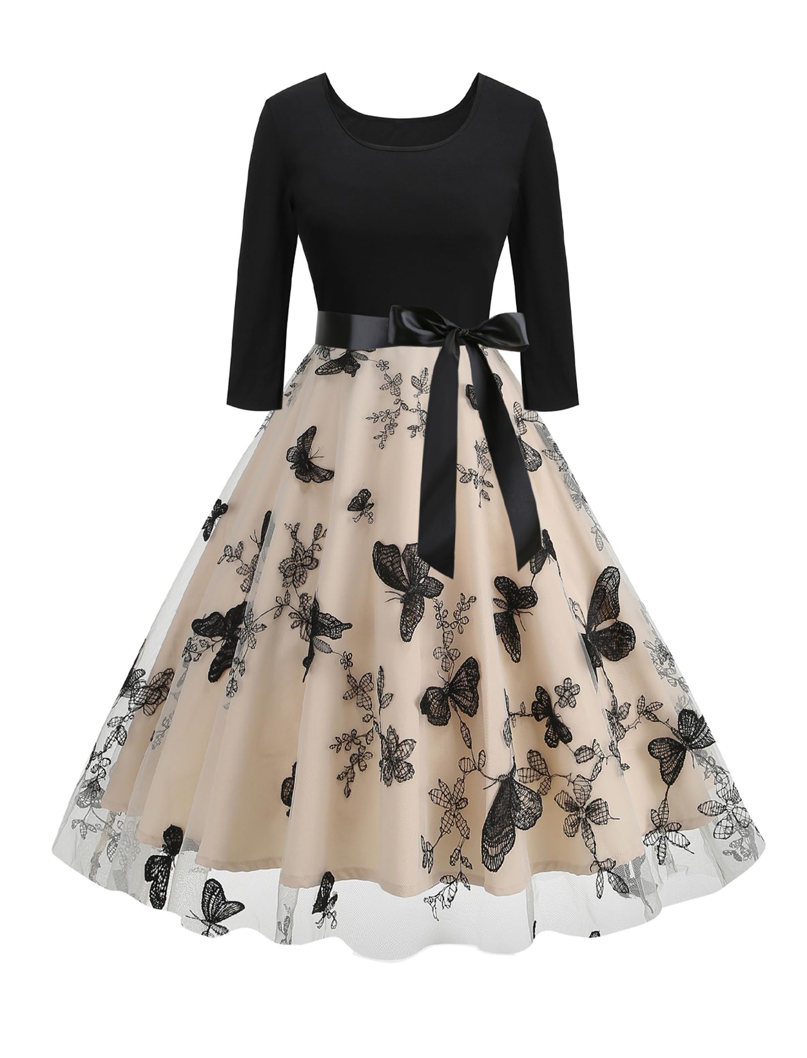 ABEHIK Women's Vintage Floral Dress 3/4 Sleeve Fall Dresses with Belt A-Line Cocktail Wedding Guest Embroidered Tulle Dress