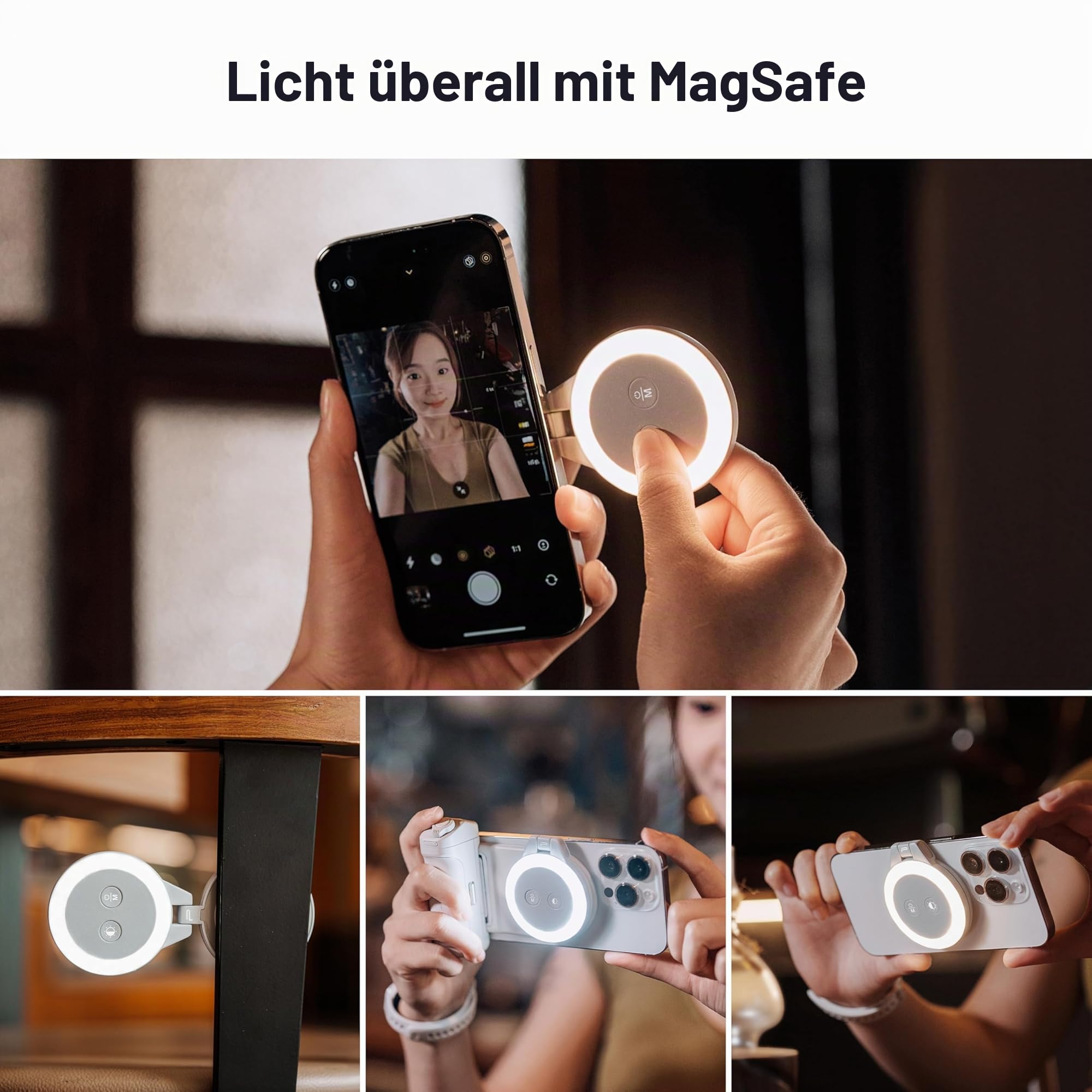 PGYTECH MagGlow Magnetisches Handy-Fülllicht, MagSafe Selfie-Licht, Tragbares Magnet-LED-Ringlicht mit Kalt-/Weich-/Warmlicht, für Selfies/Fotografie/Video (Schwarz)