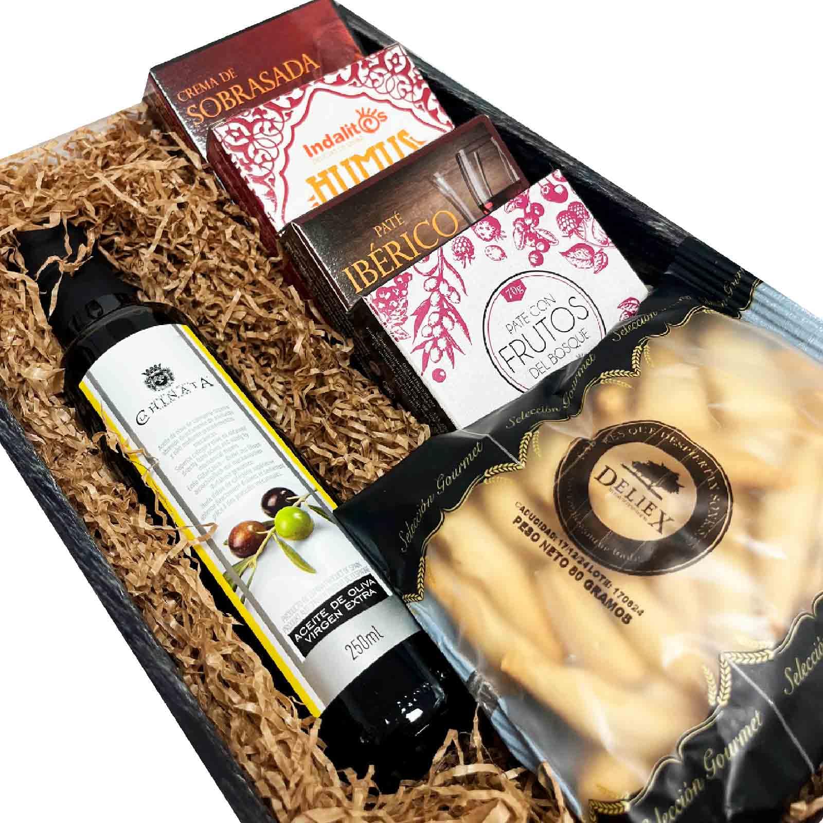 Deliex Cesta regalo con aceite o vino, patés y picos gourmet, elige la caja para regalar que más te guste con o sin alcohol, un regalo original para cualquier cumplido. (Caja con aceite)