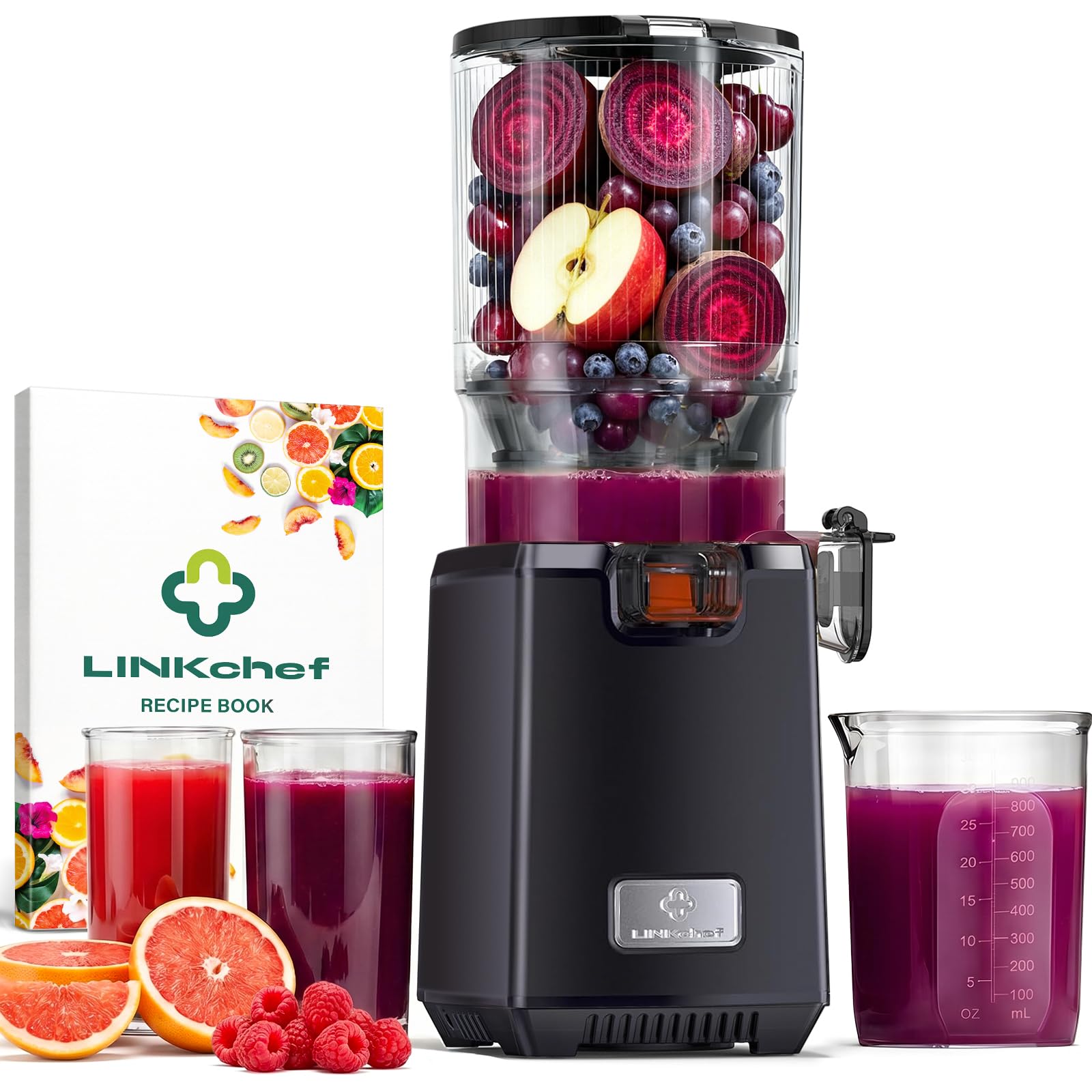LINKChef Fruta Entera Extractor de Zumos y Verduras, 130mm Calibrey 1,8L Licuadora Prensado en Frio, 250W Extractor de Jugo Juicer Machine, Función de Masticación Inversa, Fácil de instalar y limpiar