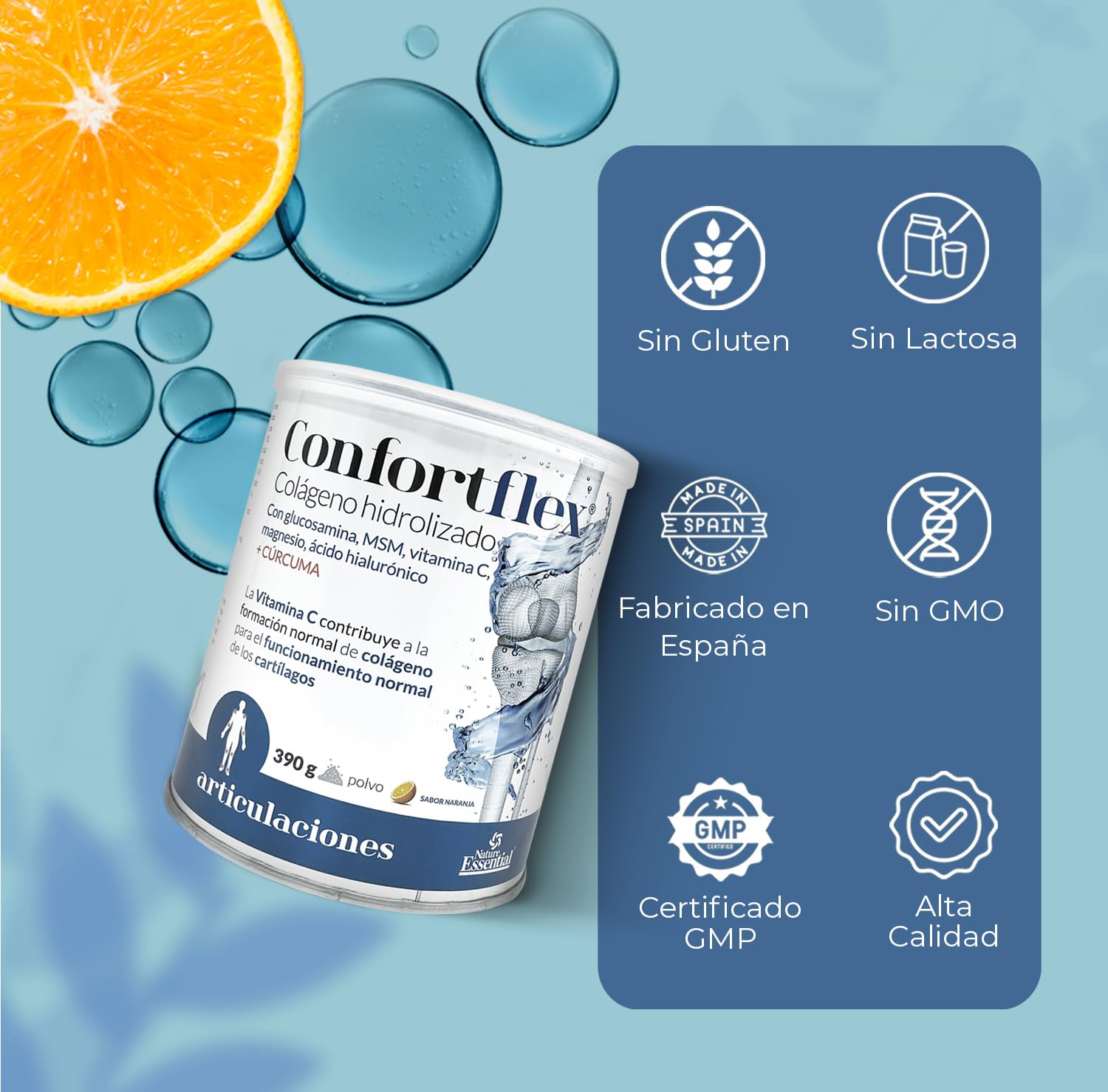 colágeno hidrolizado con l-carnitina y vitamina c Nature Essential | Colágeno Hidrolizado en Polvo | 390 g | Con Cúrcuma y L- Carnitina | Cazo Dosificador Incluido