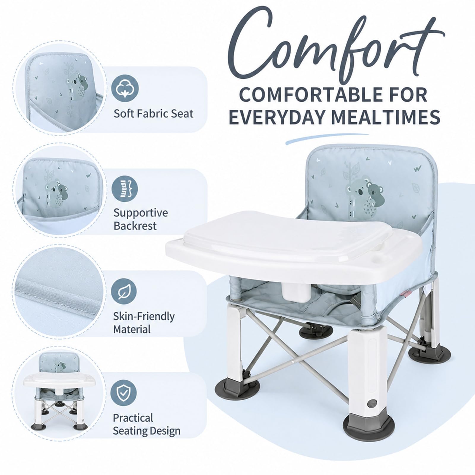 Bebamour Silla alta de exterior plegable Asiento para niño con bandeja extraíble Asiento para niño con bolsa, Koala