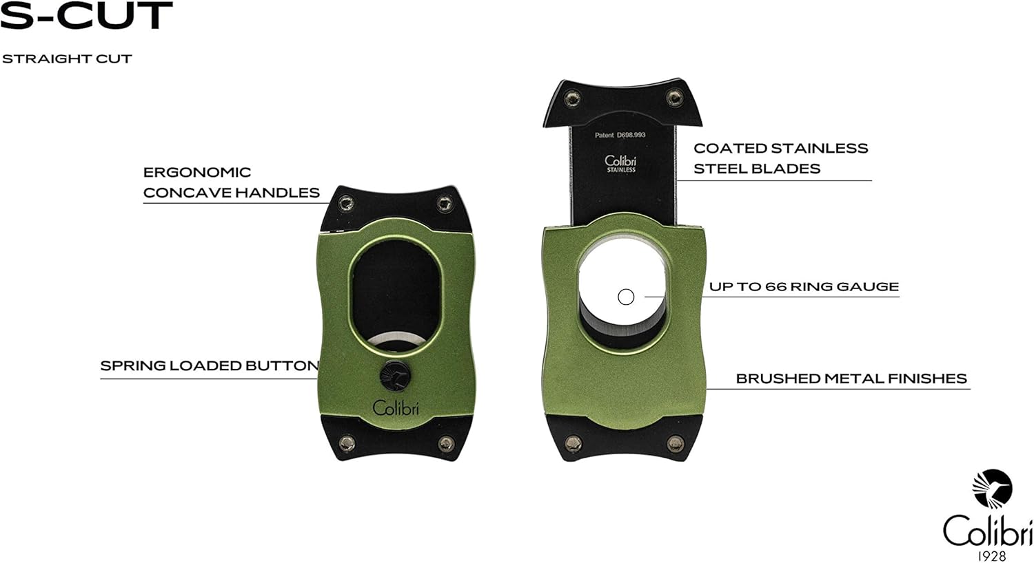 Colibri Premium S-Cut Cigar Cutter - Ergonomic Stainless Steel Spring-Loaded Straight Cut Blade, Ideal for up to 66+ Ring Gauge - Gift for Cigar Enthusiasts (Green)