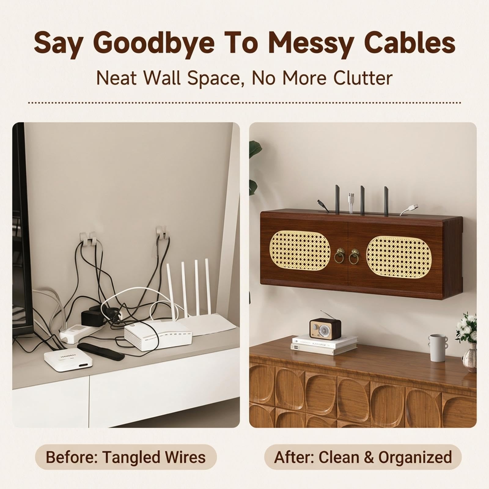 Mobiletto WiFi in legno scuro, Scaffale a muro vintage, Organizer router