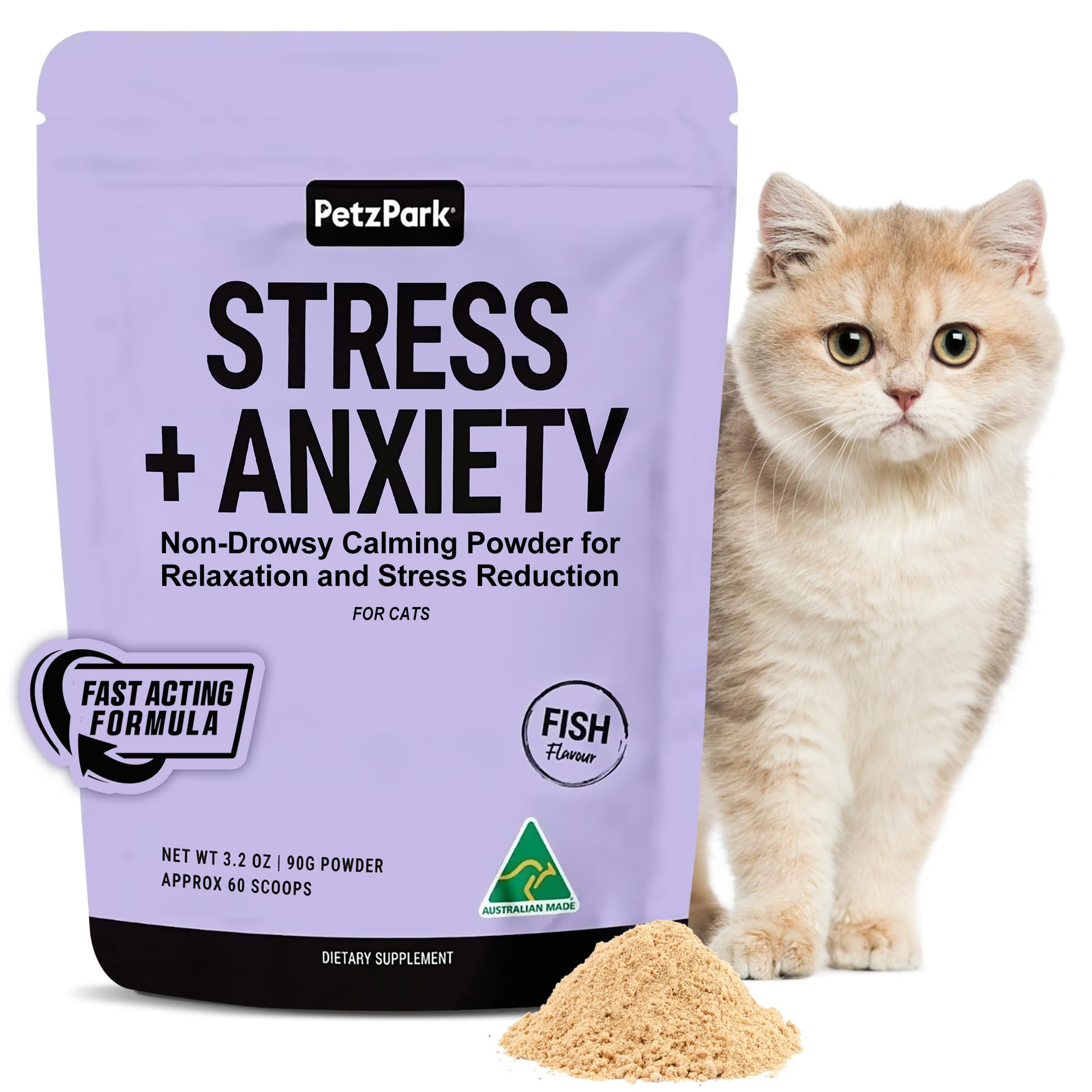 Stress & Anxiety Relief for Cats & Kittens - Calming Powder for Cat Relaxation, Non-Drowsy, Sleep Support, Stress Reduction - Helps with Travel, Grooming, Loud Noises & Separation Anxiety - 60 Scoops