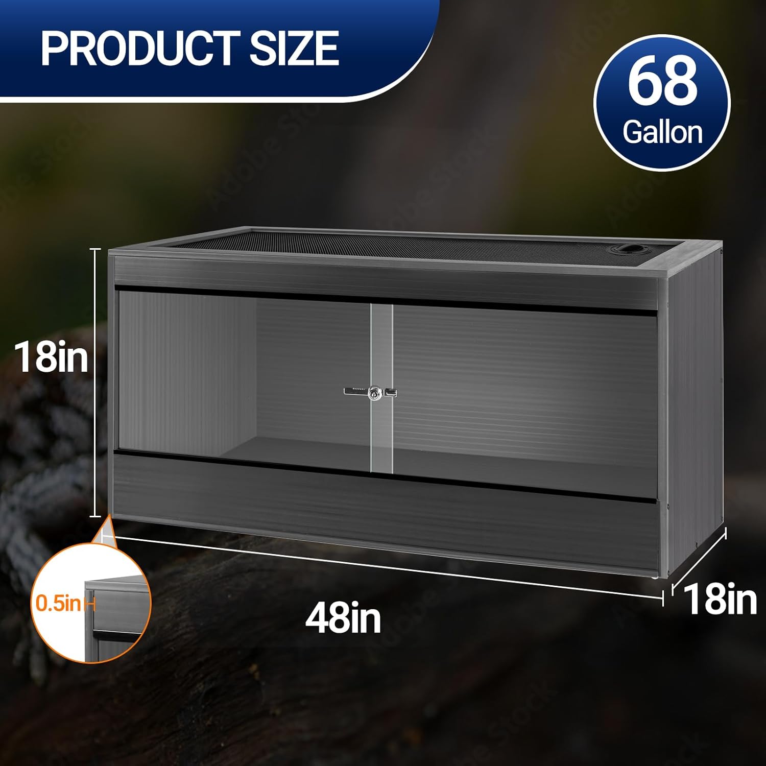 68 gallon reptile enclosure, 48x18x18“ pvc reptile tank terrarium, 48" wide large lightweight eco reptile habitat lounge for ball python bearded dragon gecko turtle 48x18x18 inch