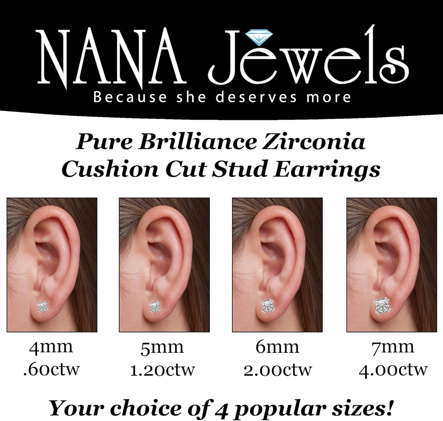 NANA Jewels Cushion Cut Simulated Diamond Stud Earrings 14K Solid Gold Post & Sterling Silver -0.60ctw-4.00ctw CZ - Image 2