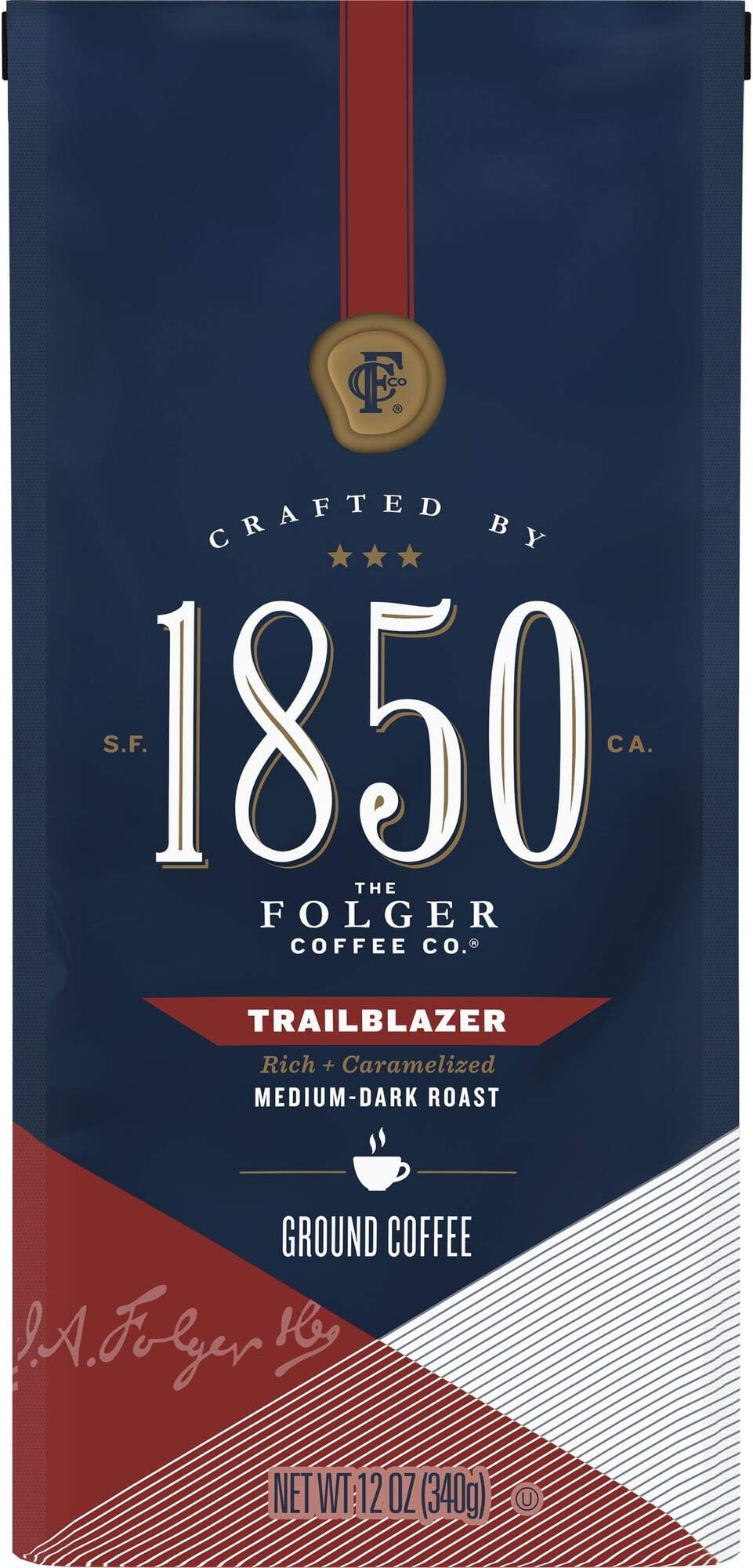 1850 by Folgers Coffee Trailblazer Medium Dark Roast Ground Coffee, 12 Ounces (Pack of 2)