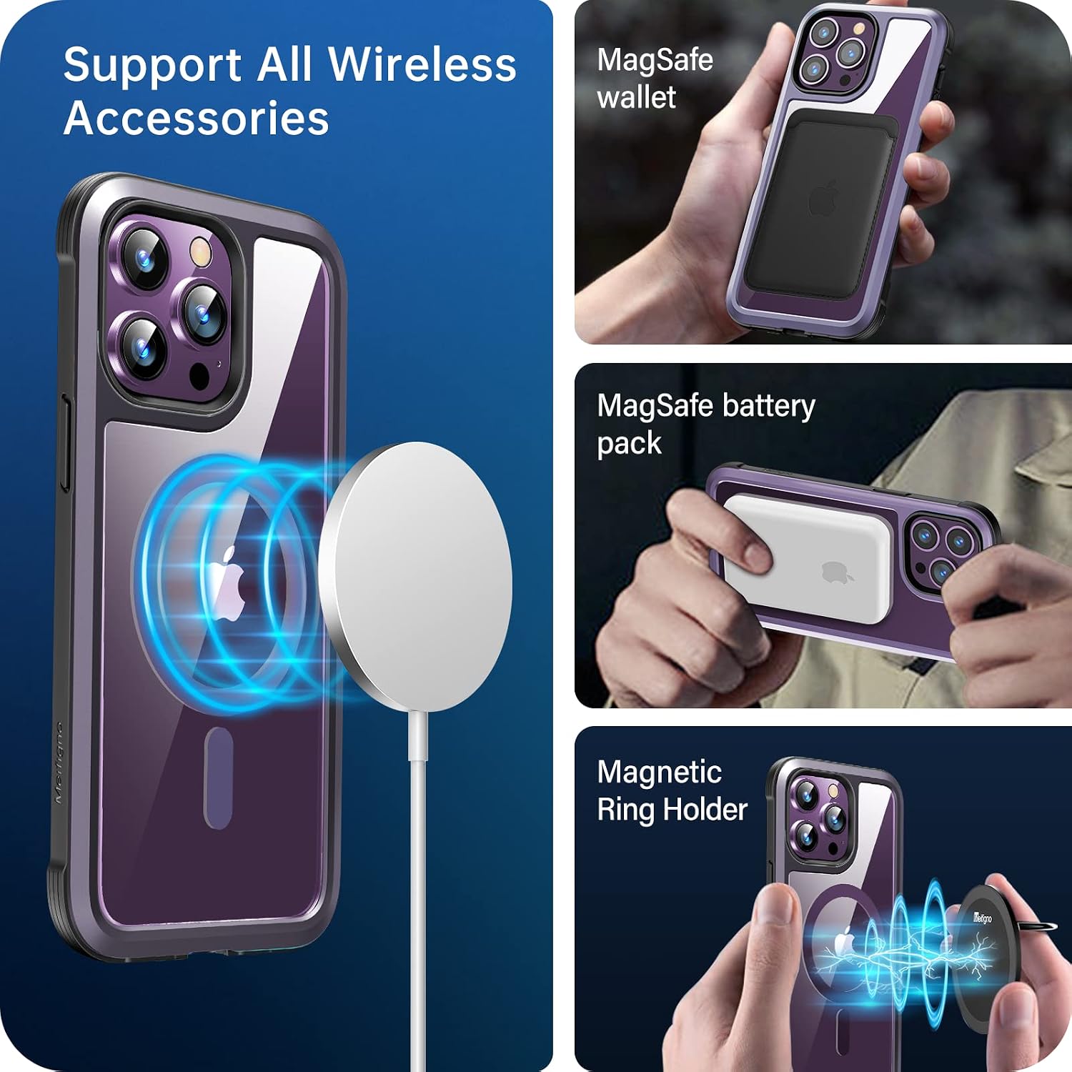Meifigno Rainbow Series for iPhone 14 Pro Max Case Magnetic, [Compatible with MagSafe & 3X Military Grade Drop Protection] Clear Back Aluminum Frame Phone Case for iPhone 14 Pro Max, Lavender