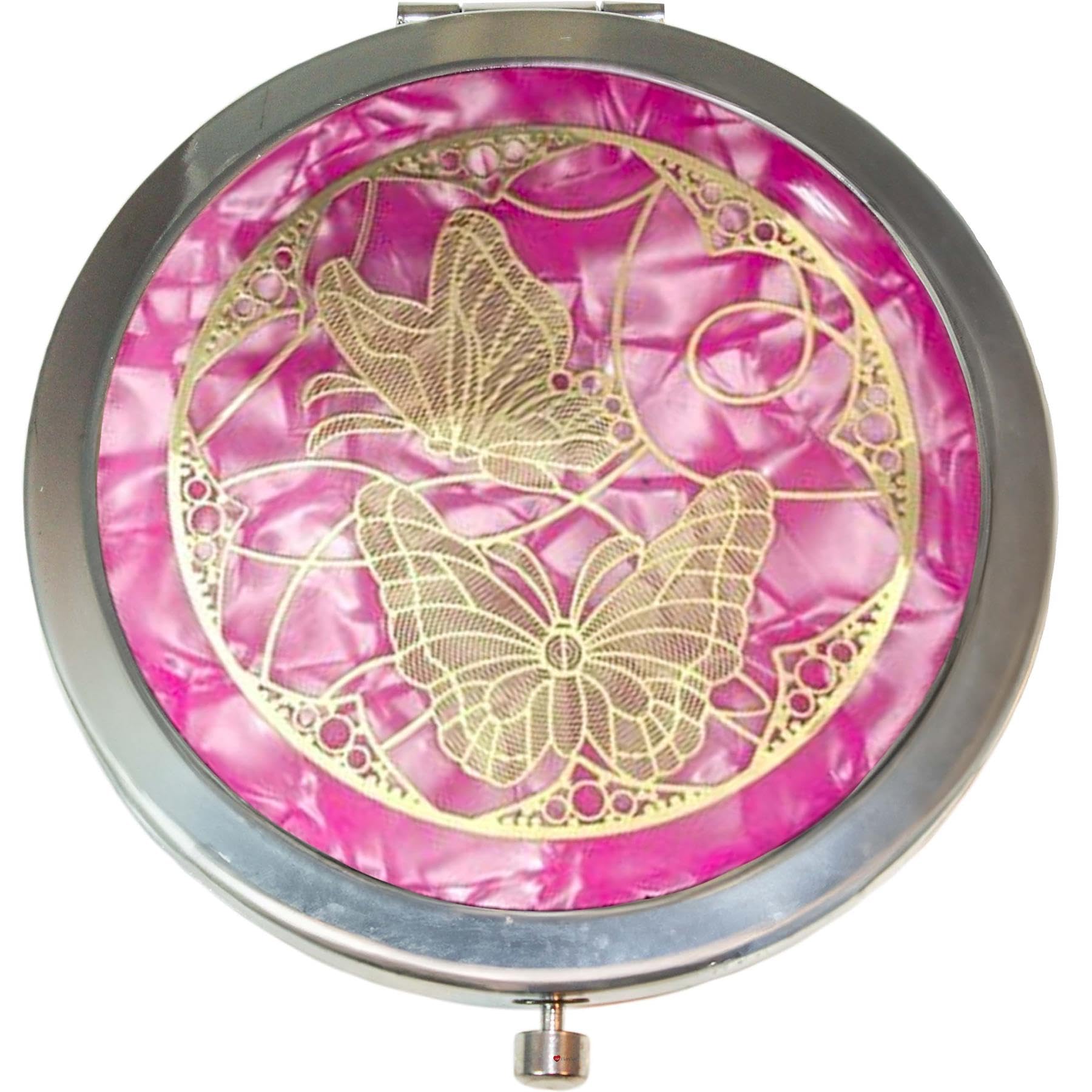Miroir compact rond de poche papillon rose avec double grossissement