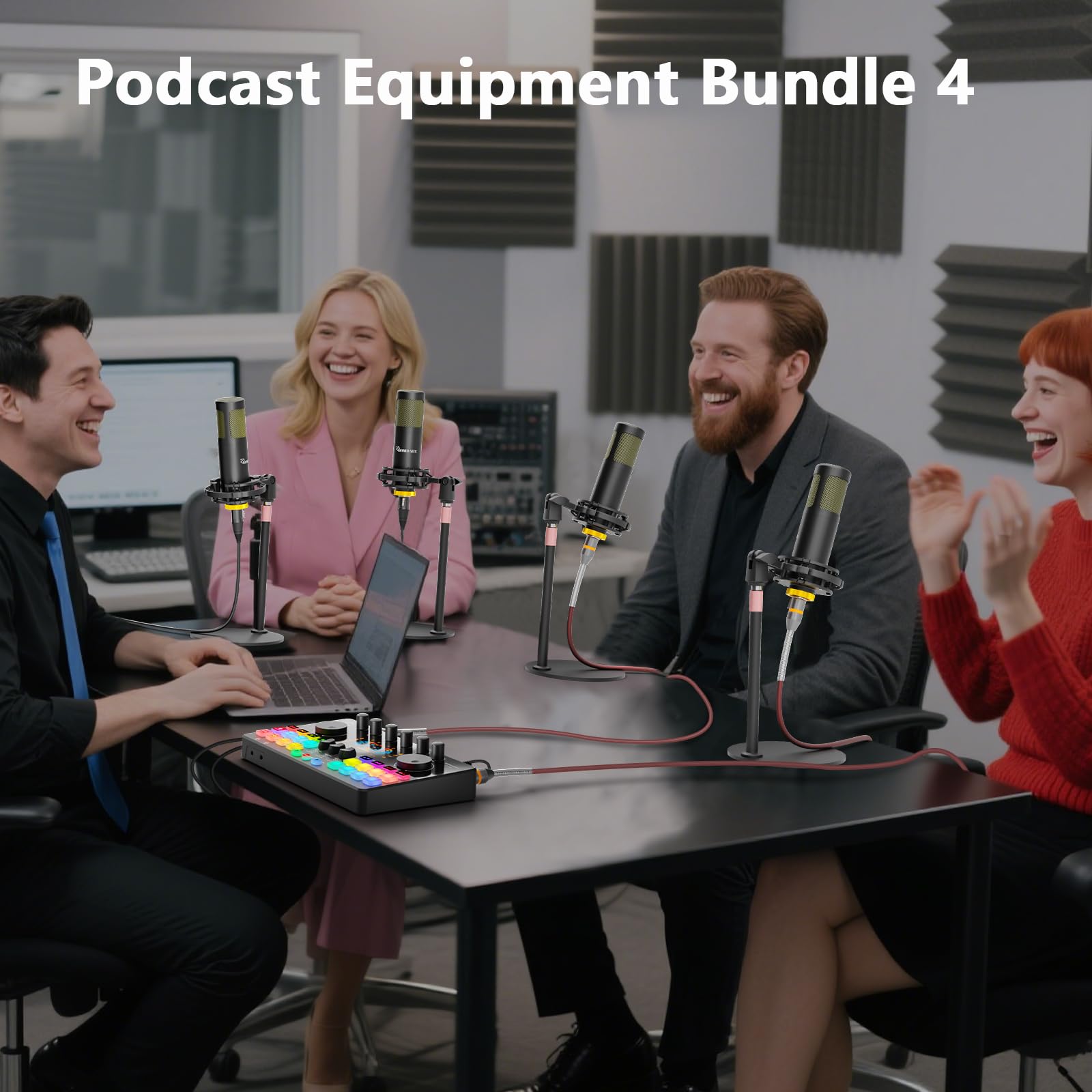 Podcast Equipment Bundle for 4, Audio Interface with 4 Dynamic Microphone, 4 Desktop Mic Stands, Voice Change, DJ Mixer for Vocal Recording Podcasting,Streaming,Singing TikTok, COMMANDER M100 3rd