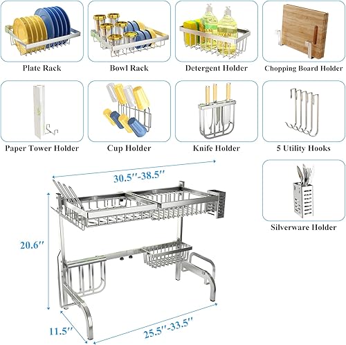 Miniatura 6 de Escurridor de platos ajustable sobre el fregadero, acero inoxidable (25.5 a 33.5 pulgadas), 2 niveles para encimera de cocina con soporte para