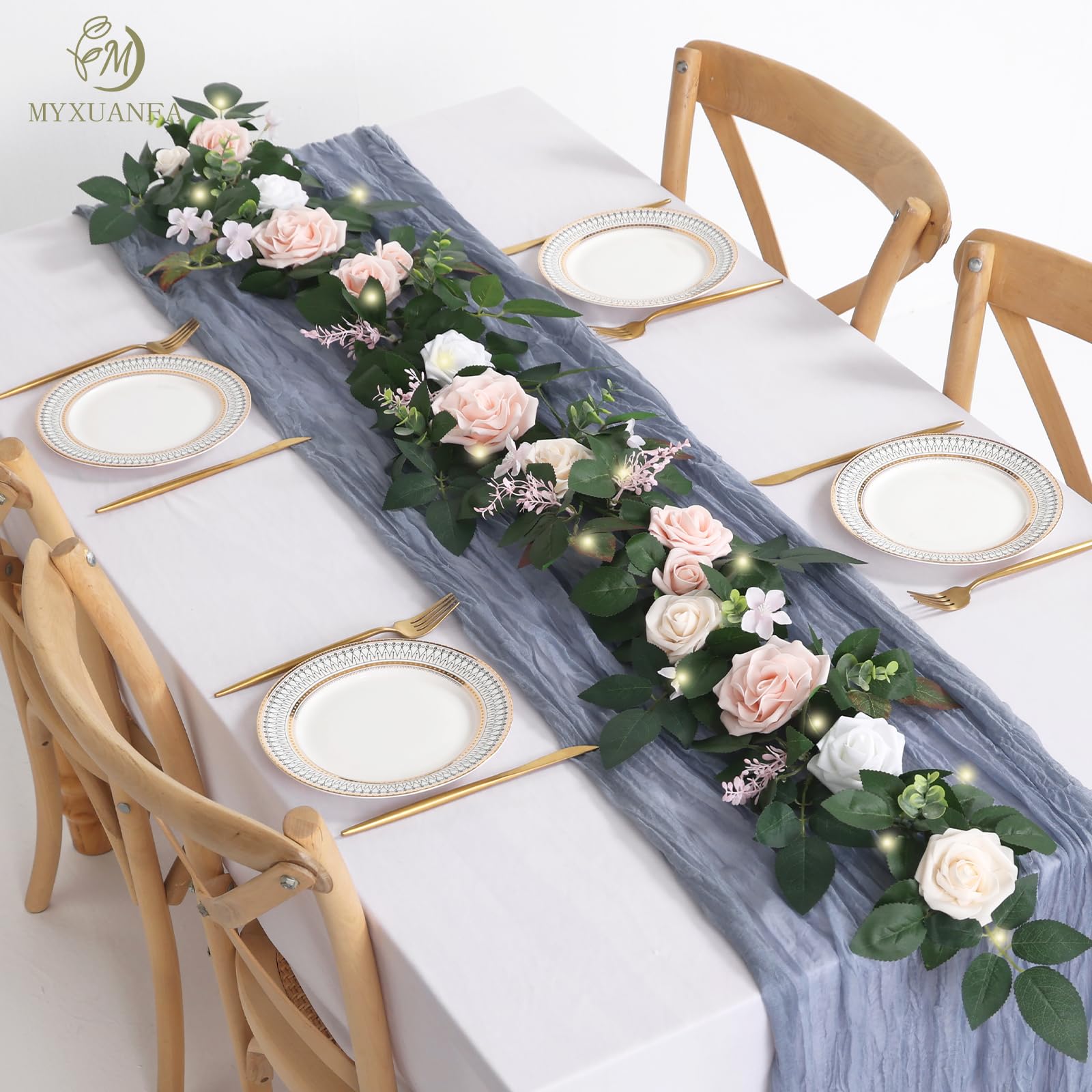 Guirnalda de flores de 6 pies con luces, guirnalda de eucalipto artificial con flores de rosa, guirnalda de MYXUANFA con luz para arco de boda, centro de mesa, decoración de habitación, funciona con