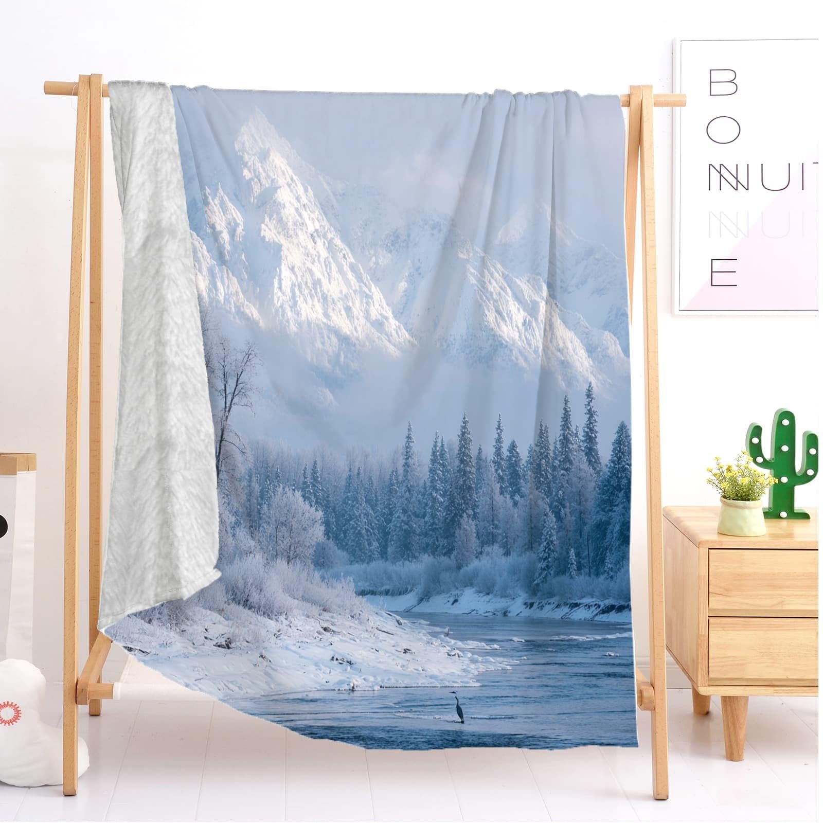 Générique Plaid Couverture Polaire Flanelle en Microfibre, Paysage de Montagne en Hiver Couverture lit Jeté de Canapé 2 Personnes, Blanc Plaid Fourrure Chaud et Doux en Peluche 180x200 cm