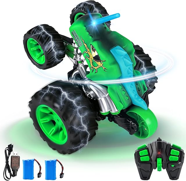 Edulike Dinosaur RC Stunt Car with Lights, 360° High Speed Rotation, 2.4 Ghz Dual Engine Remote Control Toy, 2 Rechargeable Batteries, Gifts for 6 7 8 9 10 Years Old Boys Girls Kids