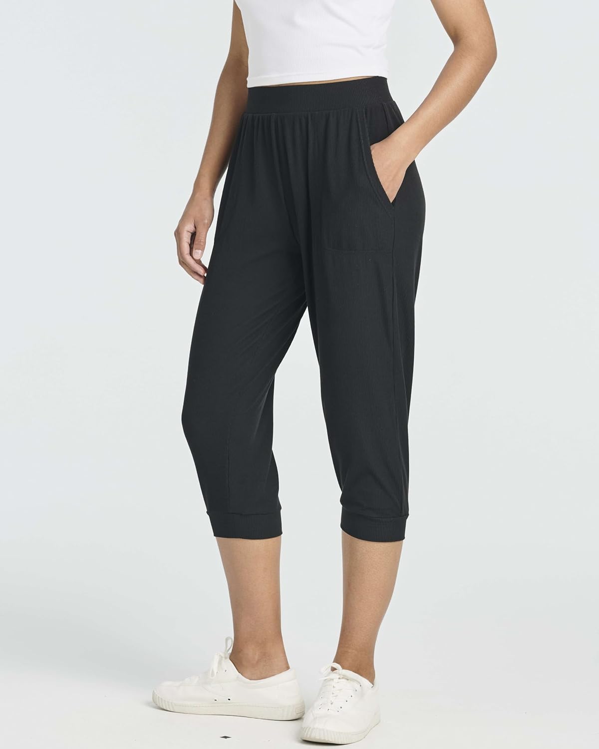 Real Essentials 3 Pack: Women's Ribbed Capri Jogger Lounge Sweatpants with Pockets Yoga Workout (Available in Plus Size) - Image 6