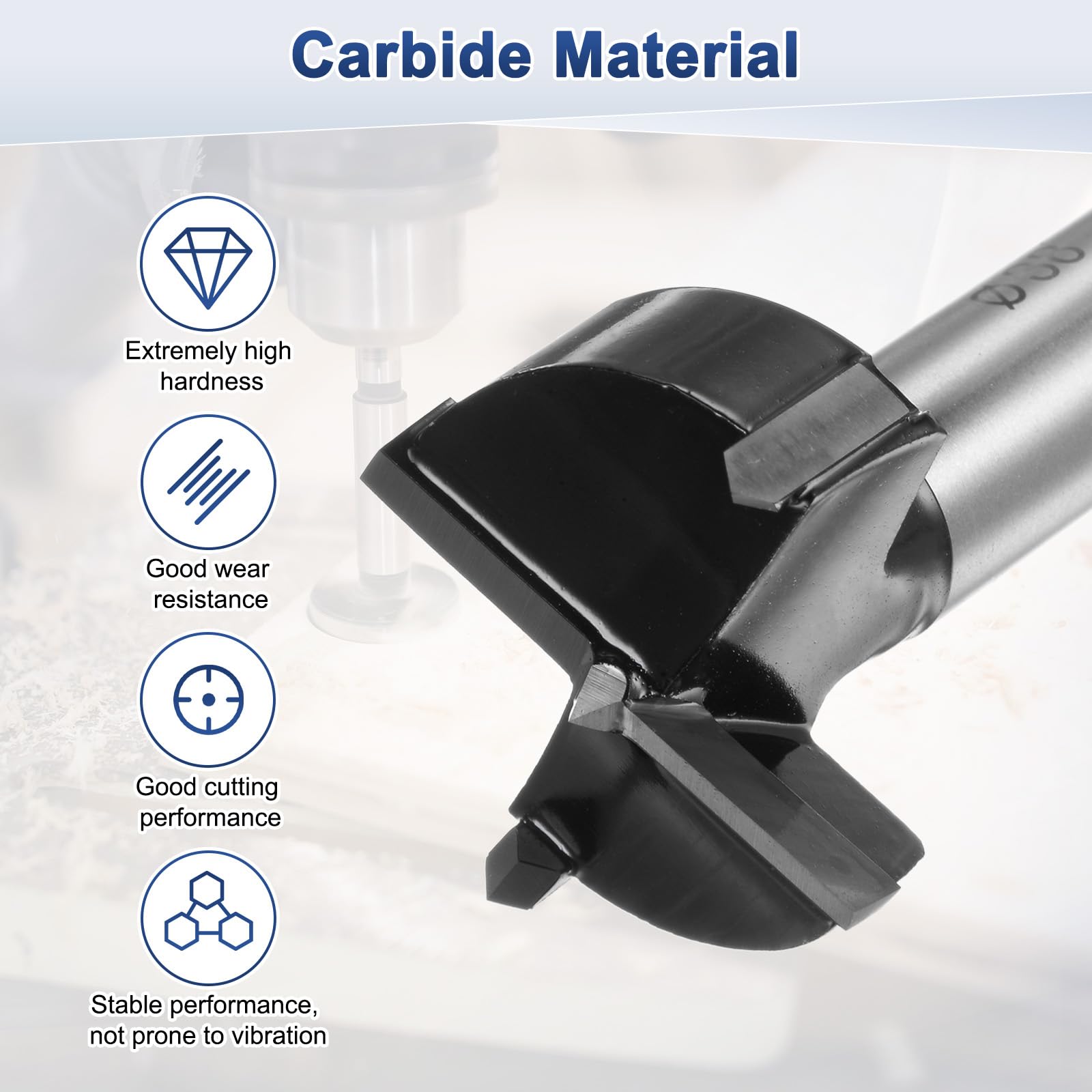 M METERXITY Forstner Mèche pour le travail du bois, 38 mm, pointe en carbure de tungstène à tige ronde pour bois dur/plastique/contreplaqué/MDF, ouvre-trou de perçage de trou de bois