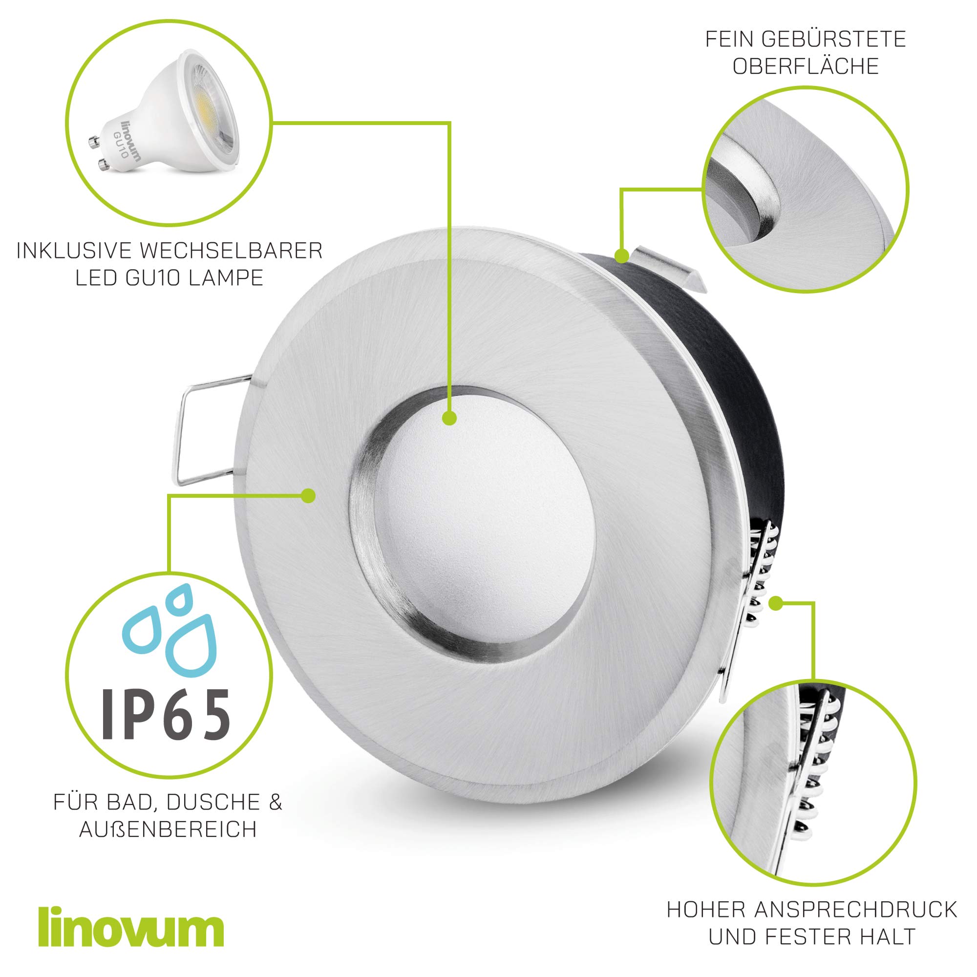 linovum 10x LED Bad Einbaustrahler Set IP65 Edelstahl Optik rund 230V - neutralweiß 3W 285 Lumen - für Bad, Küche & Außen