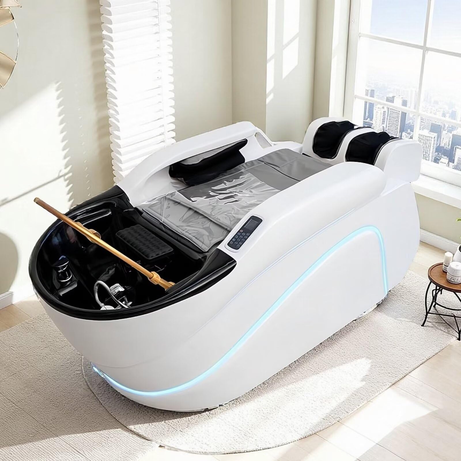 Profesjonalny stół do masażu LED do szamponu i spa, wysokiej jakości szara skóra z nastrojowym światłem do salonu fryzjerskiego