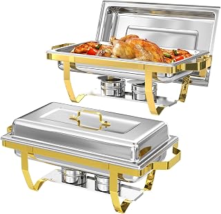 Chafing Dishes Buffet Set 2 Pack, 9QT Stainless Steel Rectangular Chafing Dish with Lid & Gold Frame Full Size Complete Set for Catering, Parties, Wedding
