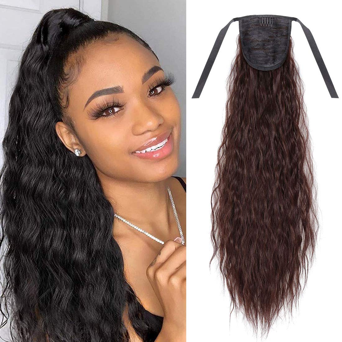 Eerya 22 Inch Wavy Curly Ponytail Hair Extension Tie Up Water Wave Hair Piece Heat Resisting Fiber Synthetic Drawstring Pony Tail Hairpiece for Girl Lady Woman (22 Inch, Dark Brown 33#)