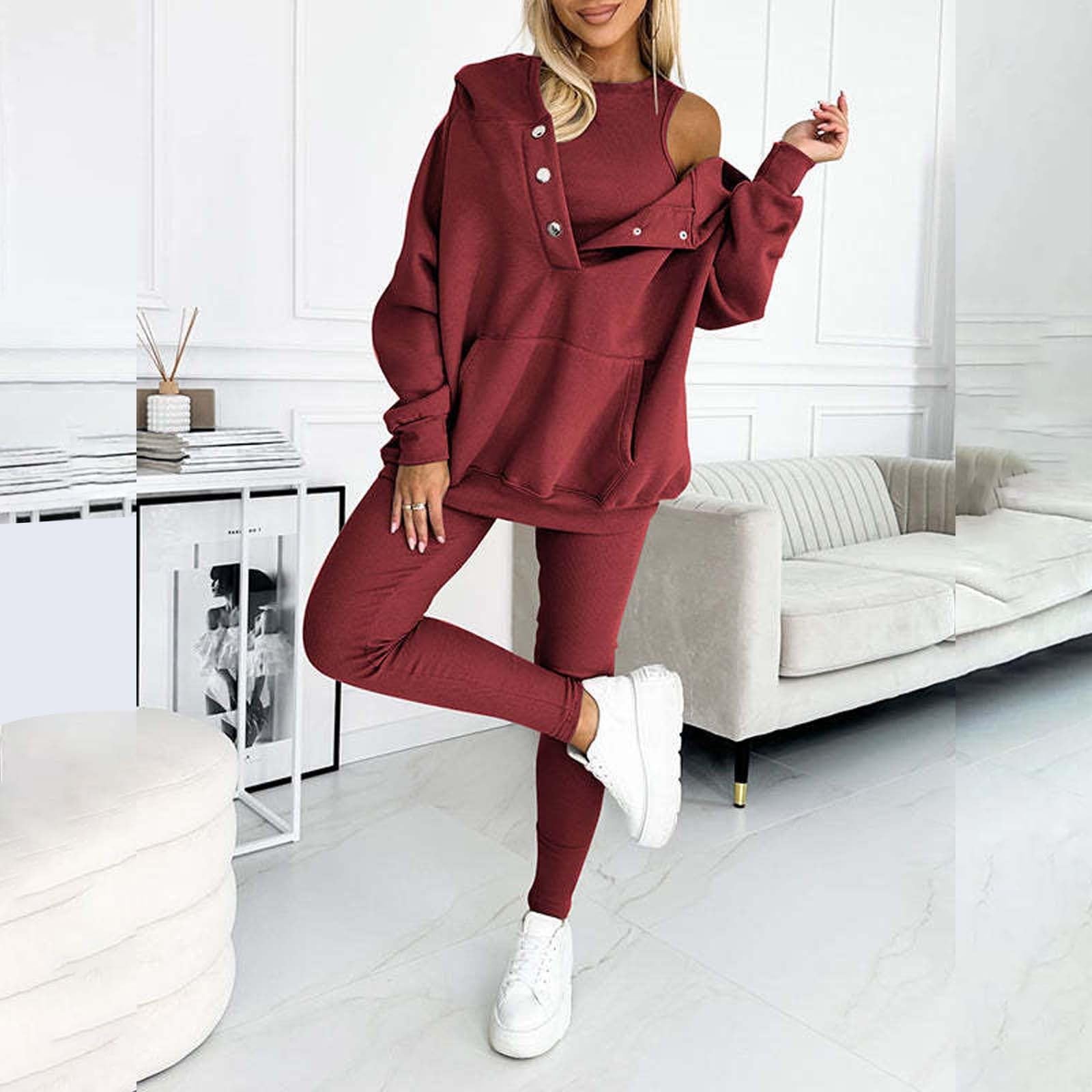 Sportanzug Damen 2 Teiler Casual Langarm Kapuzenpullover Und Hose mit Tunnelzug Und Kapuze Zweiteiler Elegant Baumwolle Große Größen Freizeitanzug Autumn Winter Outfit