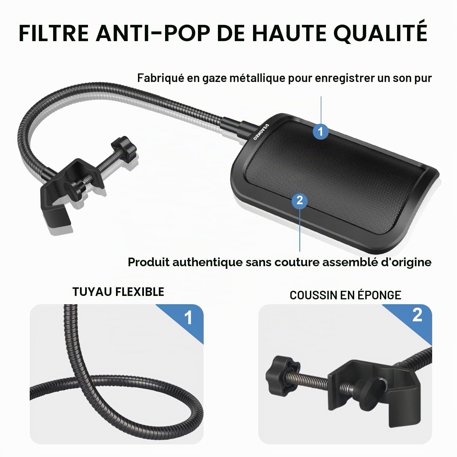 Aokeo Filtre anti-pop professionnel en métal pour microphone Blue Yeti, HyperX QuadCast et tout autre microphone, écran Wind Pop avec un bras de stabilisation flexible à 360 °