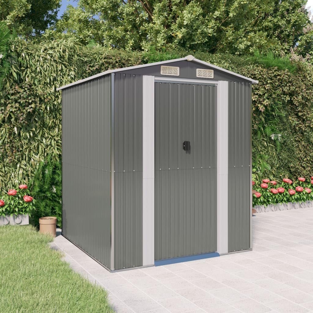 vidaXL Galvanized Steel Garden Shed - Spacious Outdoor Storage Solution, with Air Circulation Vent, Sturdy, Durable, and Rust-Resistant in Light Gray.