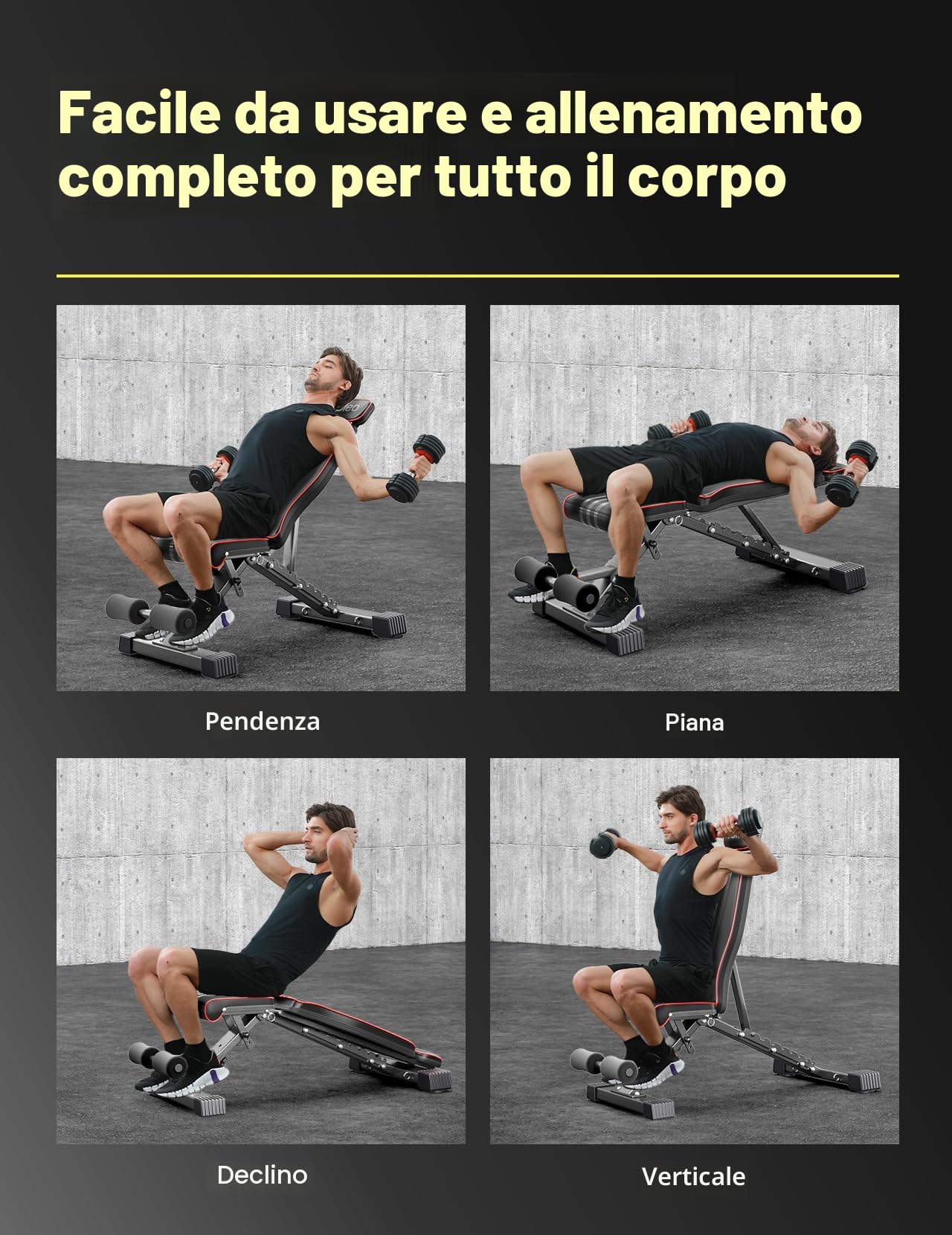 YOLEO Panca pesi regolabile per palestra domestica, certificata ENISO per 375 KG, preassemblata al 98%, panca da palestra pieghevole con 84 posizioni (inclinata, declinata e piana), seduta più ampia