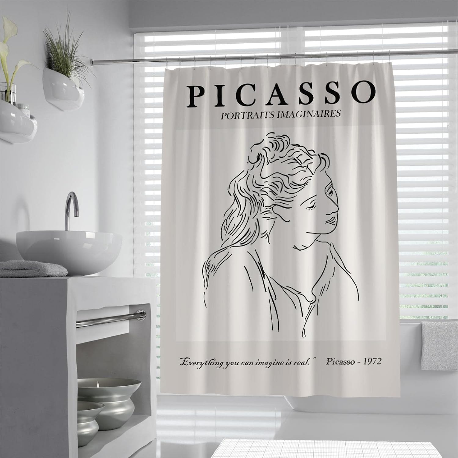 Black and White Shower Curtain Quick-Dry Picasso Abstract Shower Curtain Liner Waterproof Portrait Beige Fabric Bath Curtains Hotel Grade W72 x L78(in)