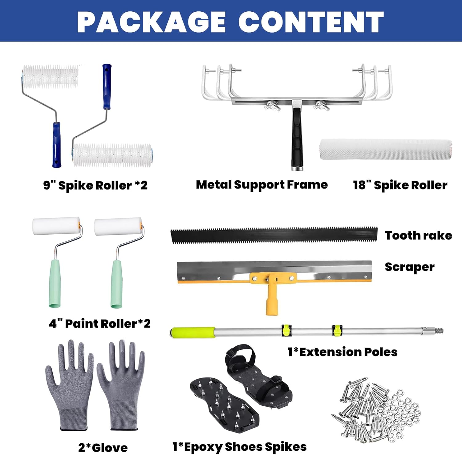 Self Leveling Concrete, Epoxy Floor Kit, Spike Roller for Self Leveling, Floor Leveling Tools with Epoxy Roller, Epoxy Shoes Spikes, Stainless Steel Scraper, 4*Extension Rods