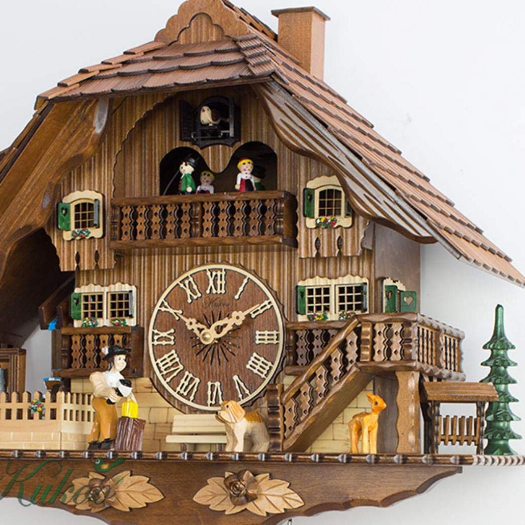 Reloj De Cuco Villa De Madera Maciza Tallada A Mano con Música Y Muñeca Giratoria, Reloj De Pared De Madera De Cuarzo con Volumen Ajustable Y Sensor Nocturno para El Hogar Y La Oficina