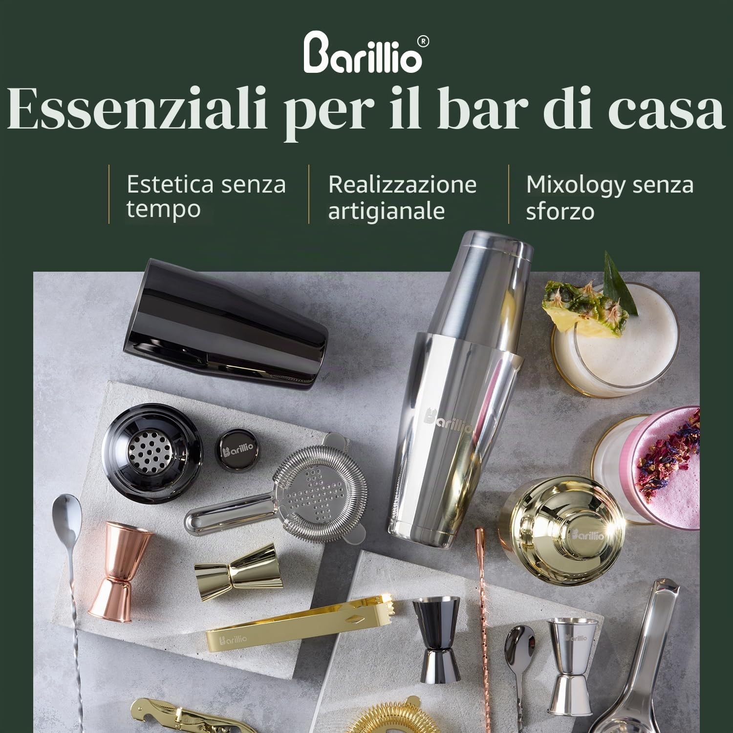 Barillio Set di strumenti da bar Pro Edition – Set shaker per cocktail in acciaio inox – Kit per barista mixology con shaker Boston, miscelatore per bevande e pestello per cocktail, accessori per bar
