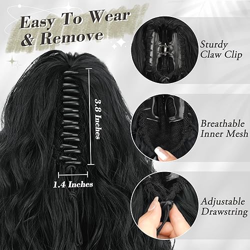 Miniatura 5 de BARSDAR Extensión de cola de caballo negra, extensiones de cabello de cola de caballo con clip de garra de 18 pulgadas para mujer, extensiones de