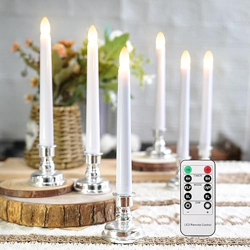 Miniatura 30 de 6 velas de Navidad para ventana con temporizador, velas LED parpadeantes sin llama con control remoto, velas cónicas que funcionan con pilas Velas