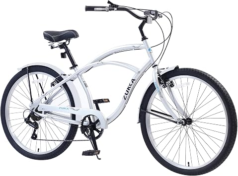 Beach Cruiser Bike with 7-Speed Gear System and Double V Brakes for Adults, 24/26 Inch Bicycle with Steel Frame, Aluminum Rims and Performance Tires for Men Women